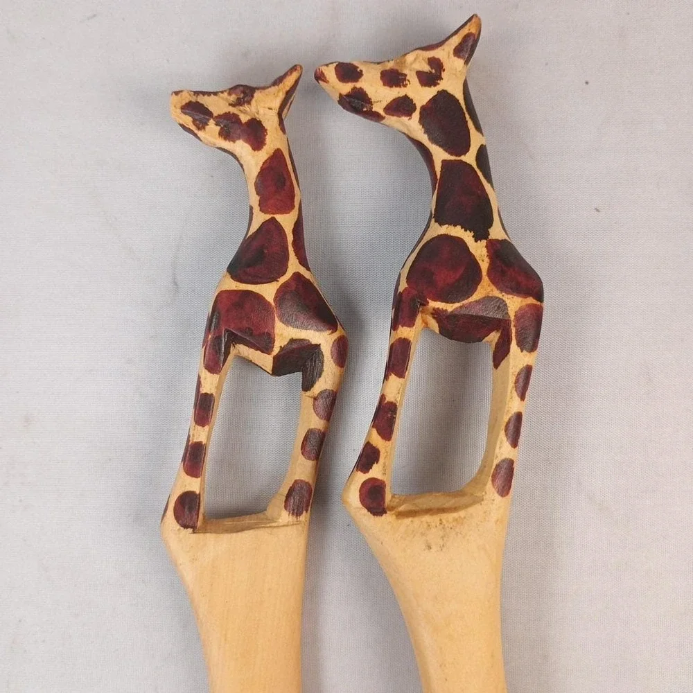 Hand Carved Hand Painted Giraffe Wooden Fork And Spoon Set Wall Decor